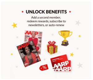 “AARP Rewards page with redeemable options like gift cards and sweepstakes entries