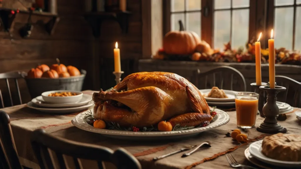 A warm Thanksgiving in the usa table set with turkey, mashed potatoes, cranberry sauce, and autumn-themed decor.