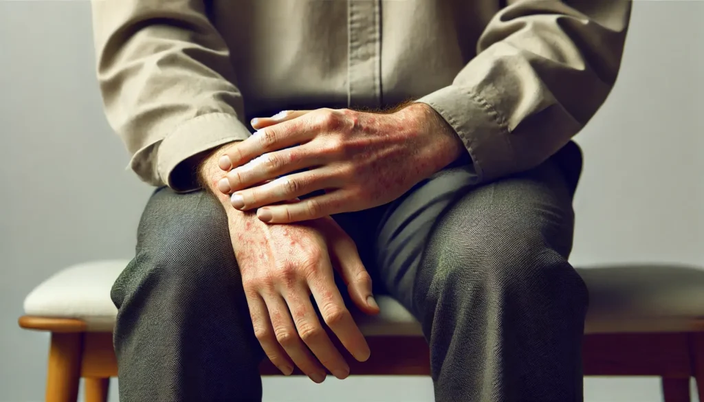 Close-up of mpox rash on hands, representing early symptoms.