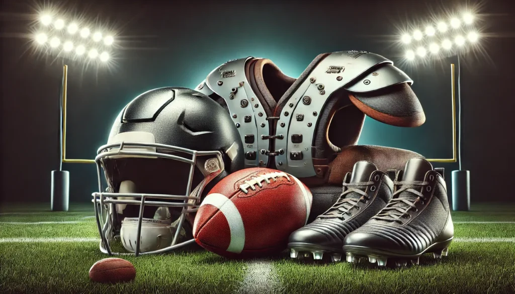 american football DALLA realistic still life composition featuring essential American football gear_ a detailed and modern American football helmet with a sleek design,