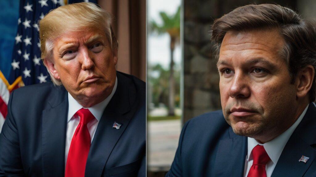 A split image showing both DeSantis and Trump addressing crowds in Florida, highlighting their competition for political power.