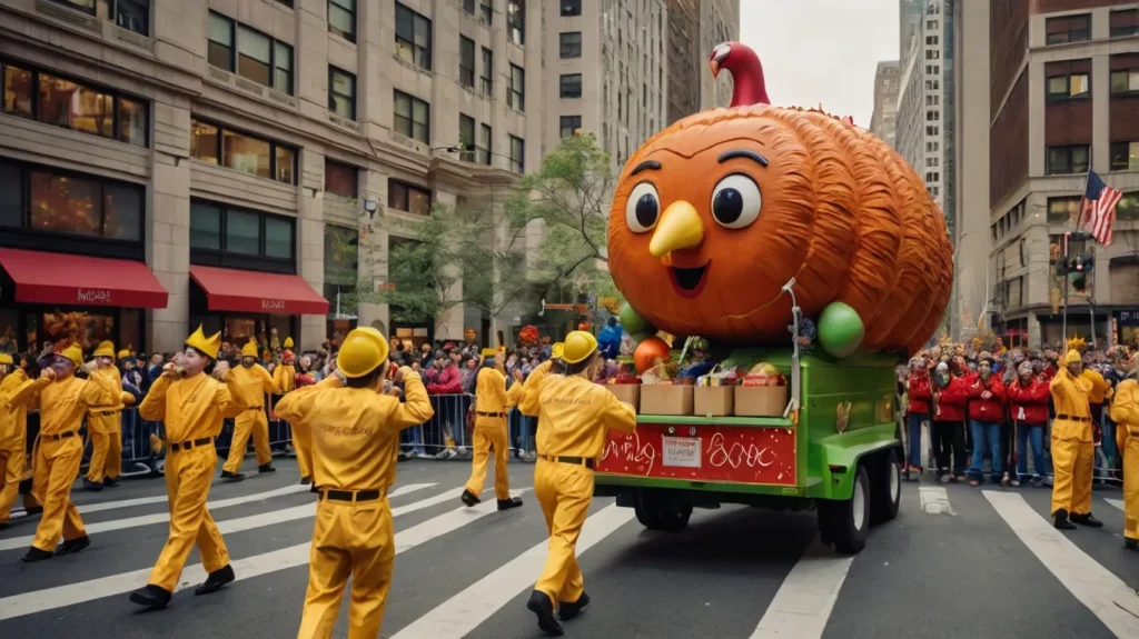 A vibrant Macy’s Parade float and people volunteering at a soup kitchen, symbolizing the holiday's modern traditions.