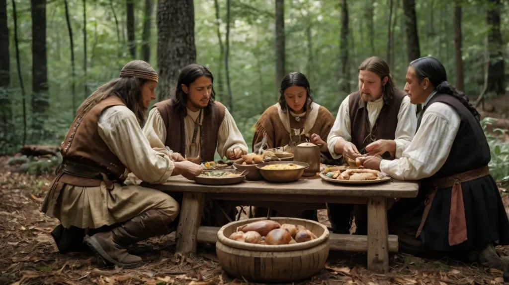 Pilgrims and Native Americans sharing a meal outdoors with traditional dishes in a forest setting.