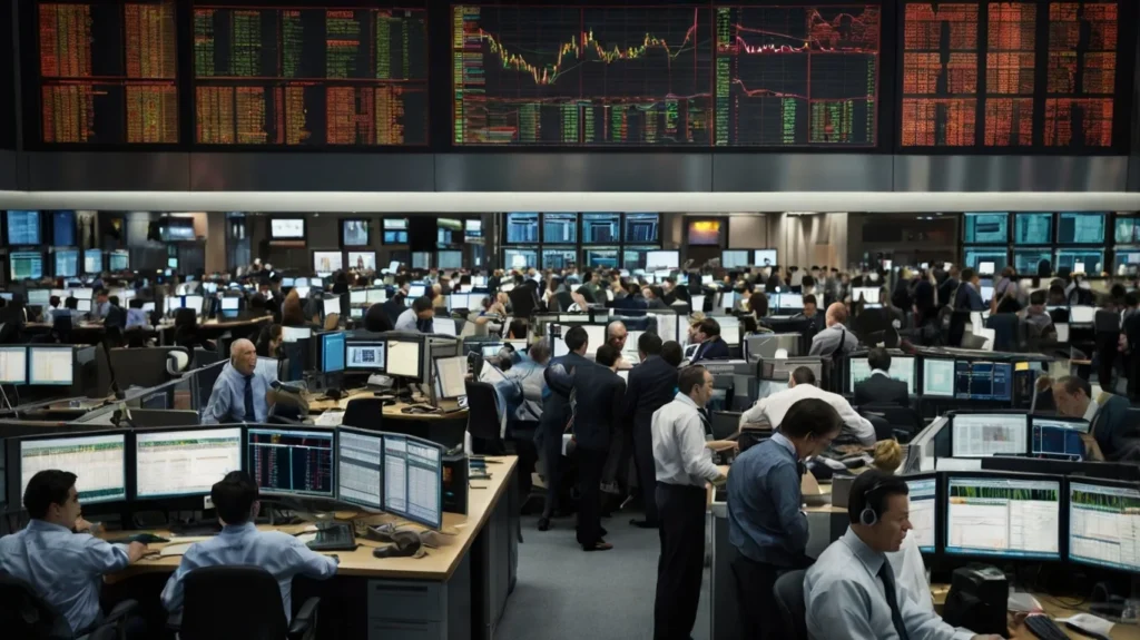 Stock traders amidst Black Monday’s economic chaos.