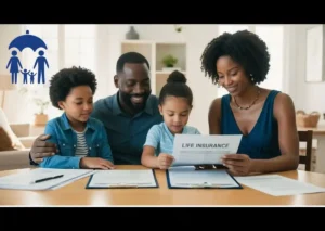 A family of four discussing life insurance options in a cozy living room, with documents and a laptop open on the table