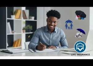 A person reviewing their homeowners insurance policy at a desk with a laptop and coffee cup beside them