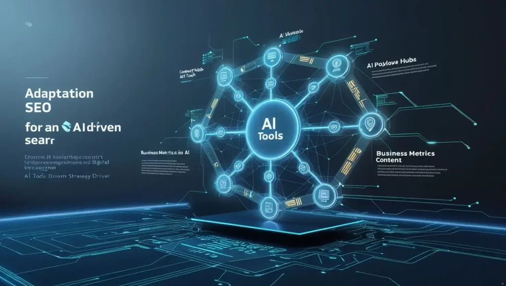 A conceptual illustration of a digital ecosystem with interconnected content hubs, AI tools, and business metrics showing adaptation strategies for SEO in an AI-driven future.