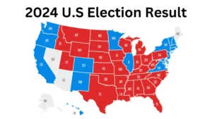 An election night broadcast showing the 2024 U.S. presidential election results. The image displays a split electoral map with states marked in red and blue