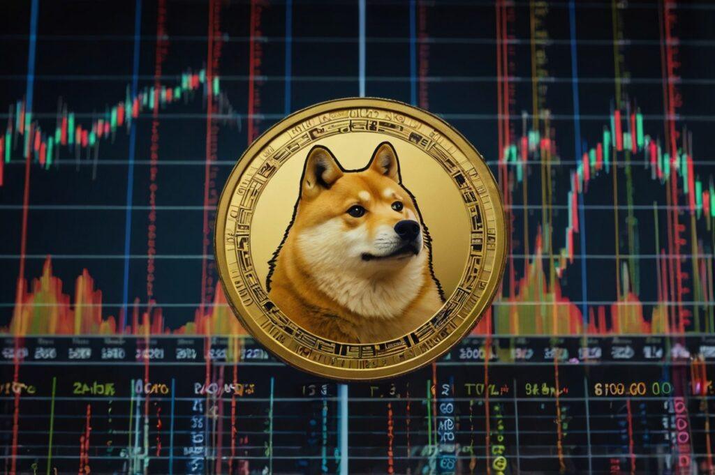 Scales balancing Dogecoin and traditional stock market symbols, representing risk and opportunity in investments.