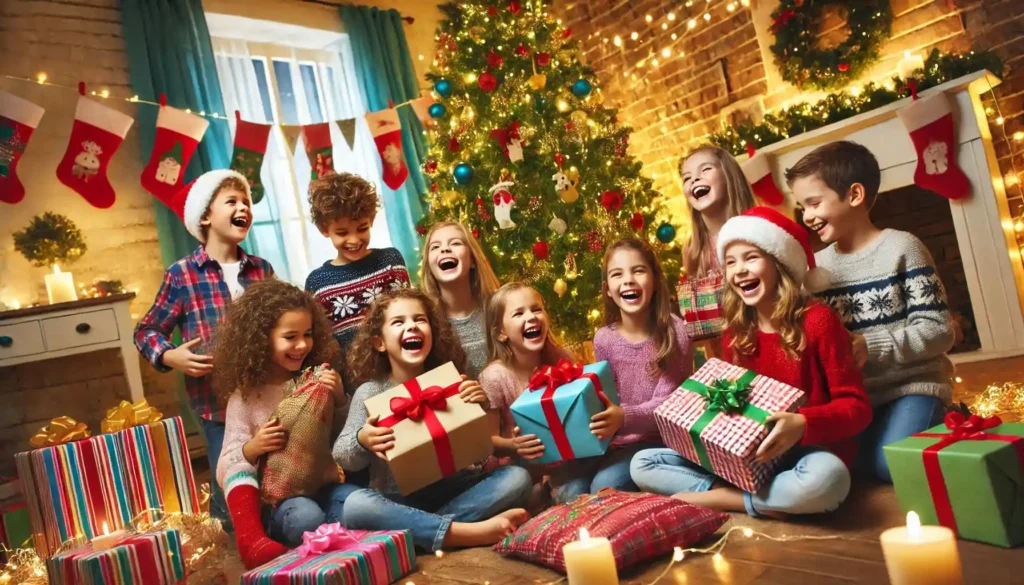 Excited Children Opening Presents Under the Christmas Tree