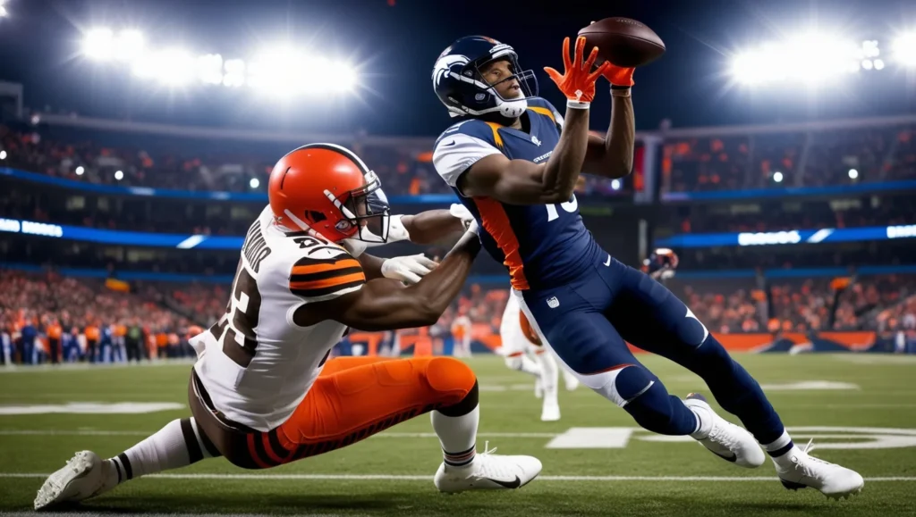 A Cleveland Browns player battling fiercely against a Denver Broncos defender during a critical moment in the game.