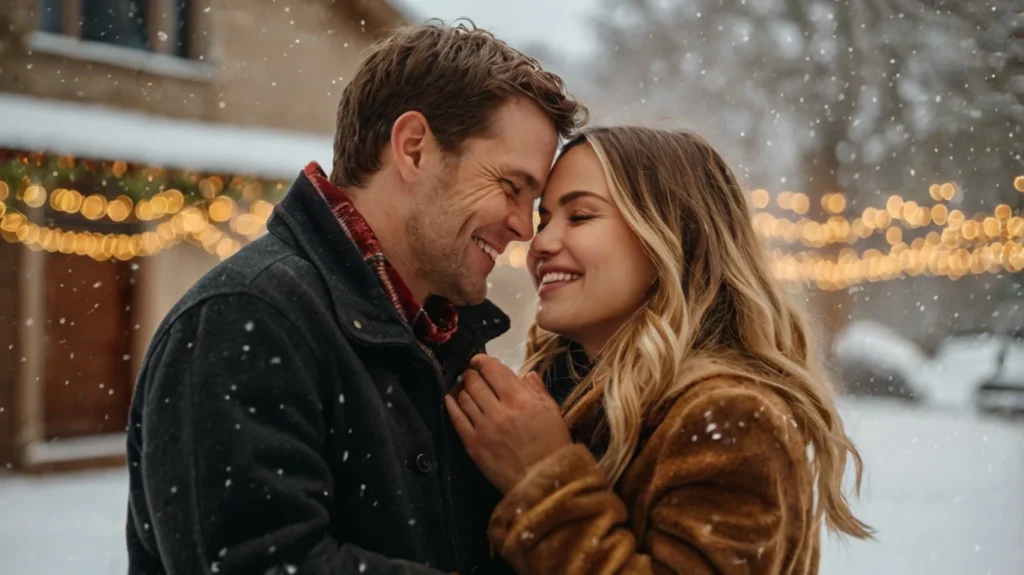 Romantic Couple Sharing a Moment Under Mistletoe