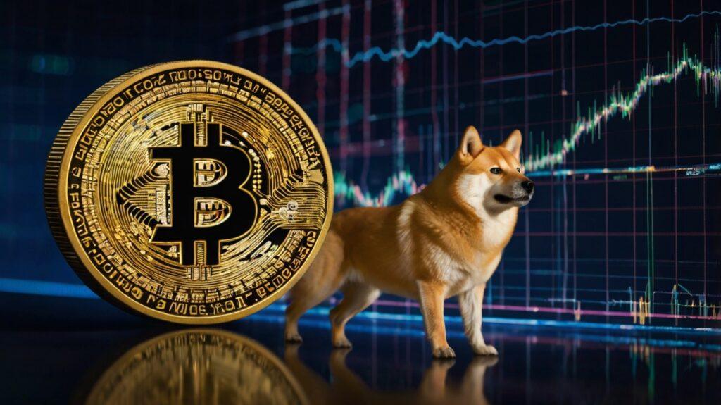 Graph showing Dogecoin's price surge in 2024, with a 340% increase year-to-date and a visual comparison to Bitcoin's performance