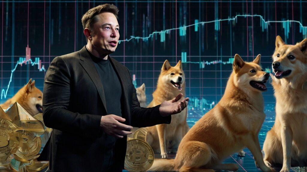 Elon Musk holding a Dogecoin symbol against a backdrop of social media and cryptocurrency icons.