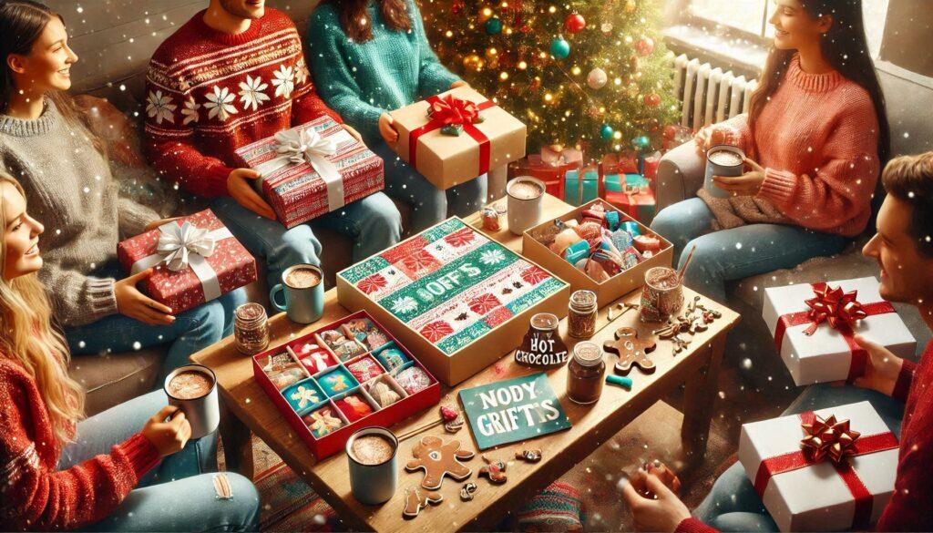 Friends exchanging gifts in a cozy living room with puzzles, cocoa kits, and decorations. 