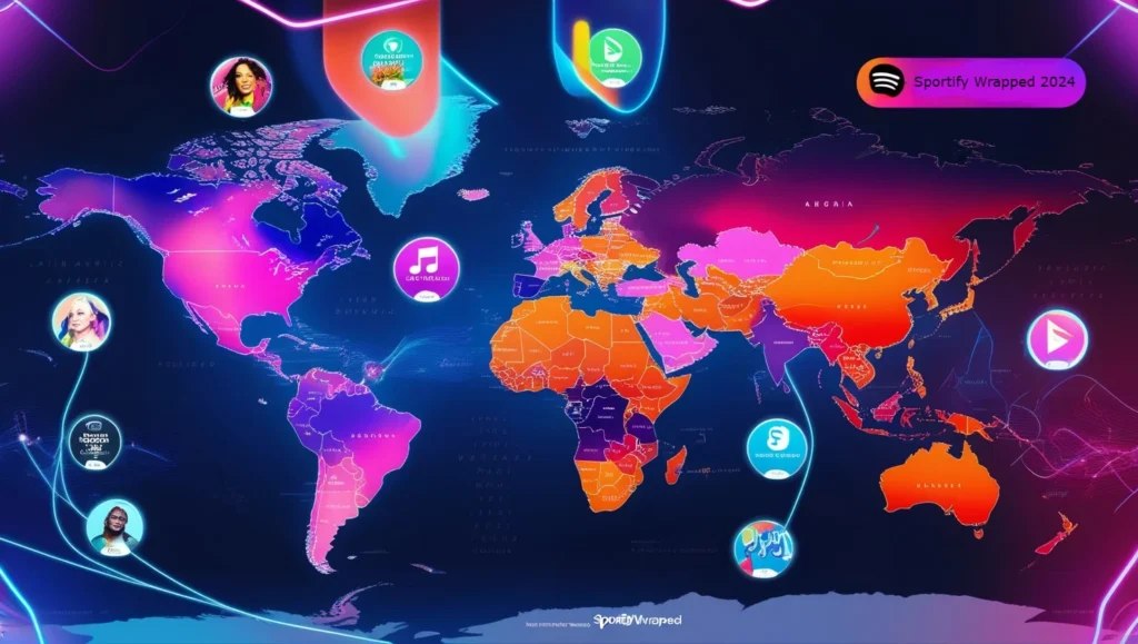 A global map illuminated with vibrant colors and floating icons of top artists and genres from Spotify Wrapped 2024