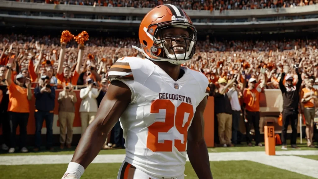 Jerry Jeudy celebrating a touchdown with Browns teammates.