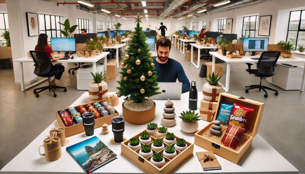 Festive office scene with employee gifts like Zen gardens, snacks, and notebooks. 