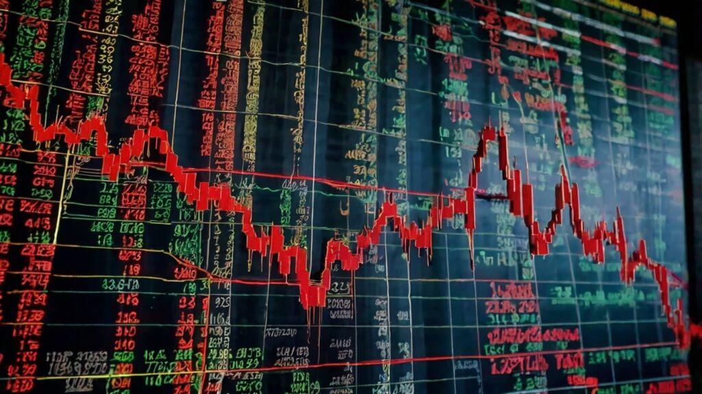 Visual of the Dow Jones' steep drop with red downward arrows, financial charts, and a worried investor silhouette.