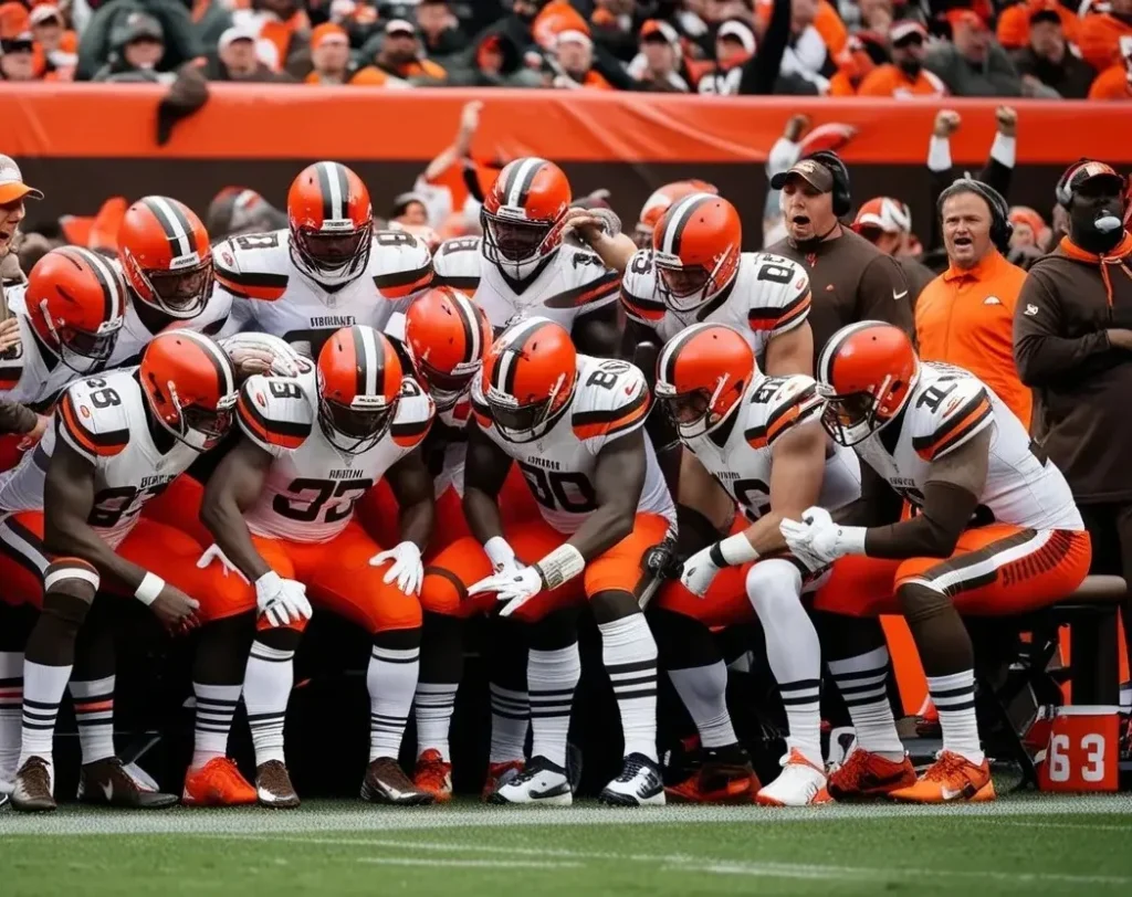 Cleveland Browns players huddling on the sideline during a crucial game moment.