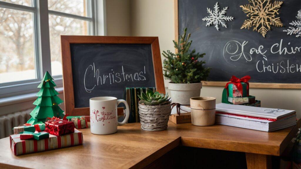 Festive classroom with teacher gifts like mugs, organizers, and plants.