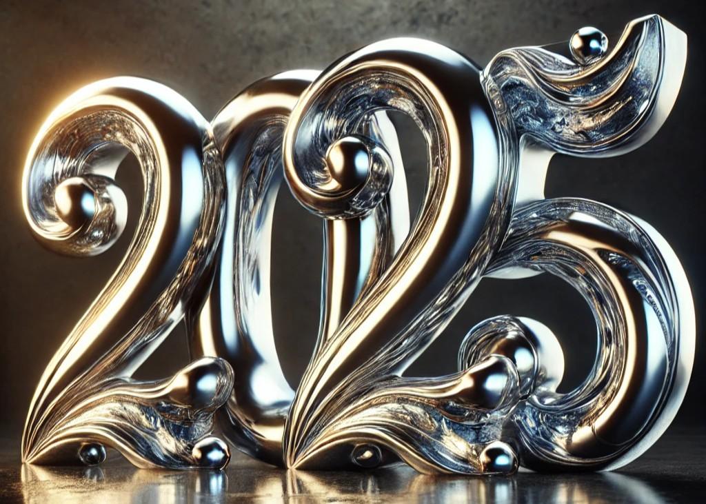 A stunning ultra-realistic depiction of the number '2025' crafted entirely out of gleaming, polished metal, appearing almost like liquid silver happy new year 2025